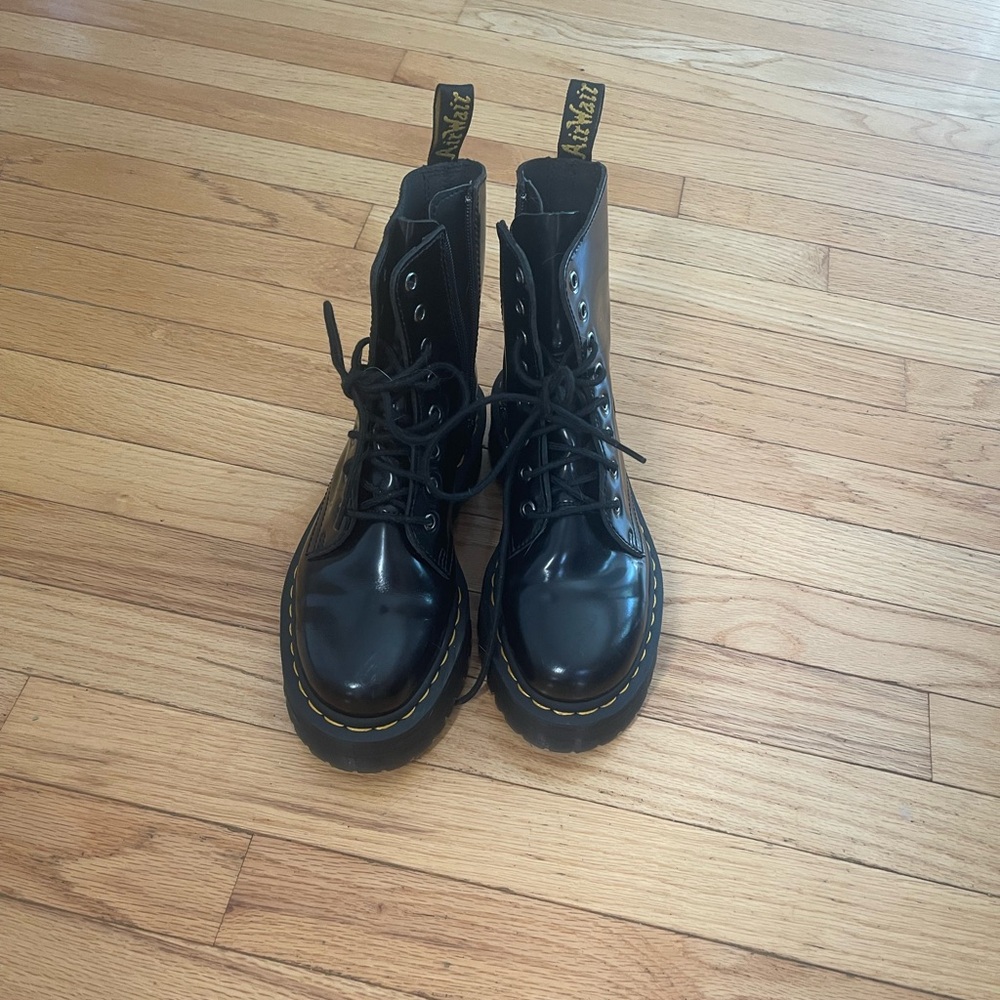 Dr. Martens Shiny Black Boots with Yellow Stitching